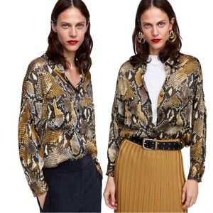 NWOT ZARA Denim Oversized Snakeskin Blouse Long Sleeve Maxi Top Python Tunic